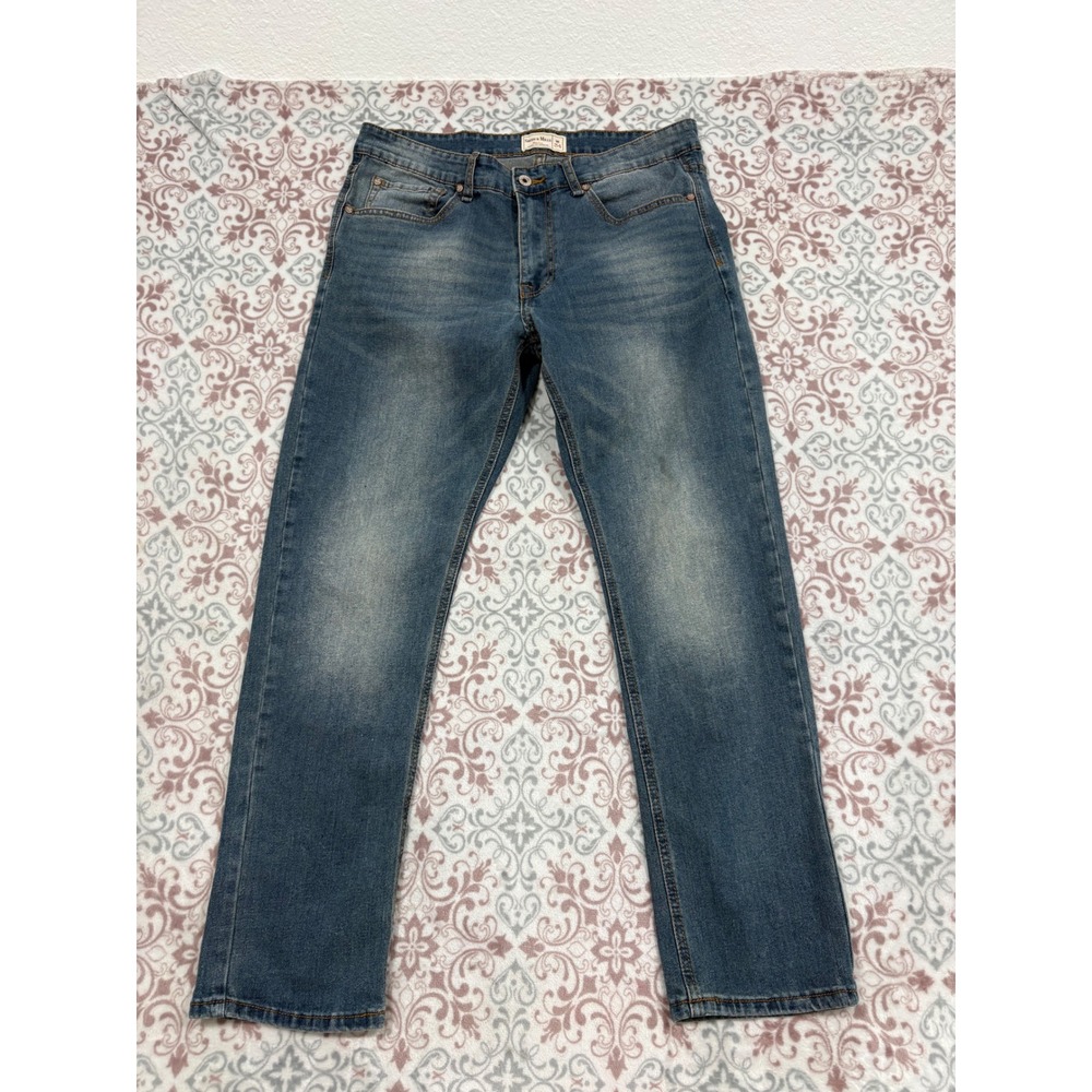 Smith & Mills Mens Straight Leg Stretch Denim Jeans Blue Medium Wash 34x30